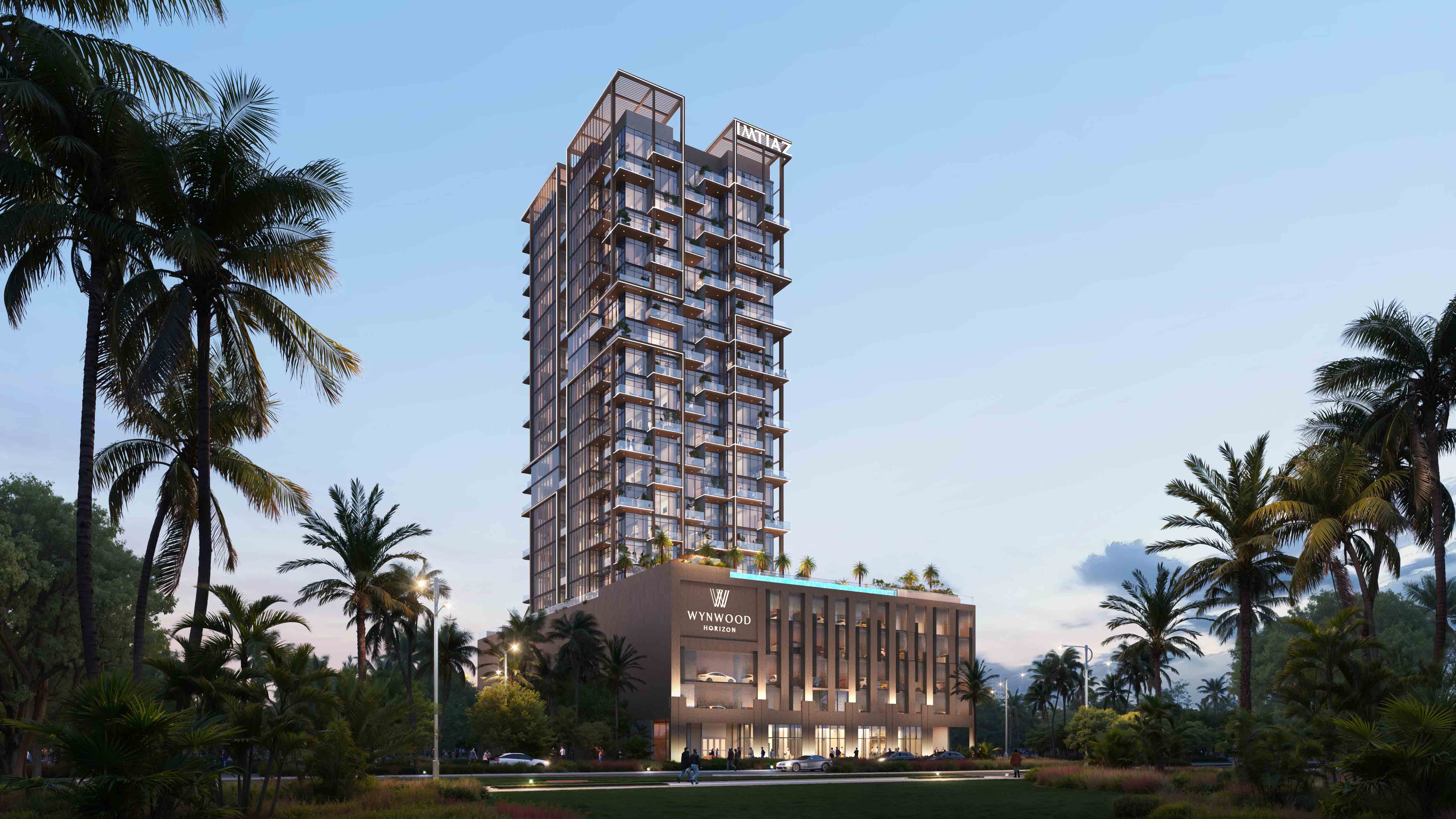 Wynwood Horizon By Imtiaz A modern high-rise building named Wynwood Horizon surrounded by palm trees and lush greenery under a clear sky.